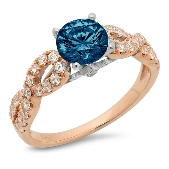 1.42 ct Round Cut Natural London Blue Topaz Solitaire with Simulated Diamond Accents 18K Rose/White Gold Womens Engagement Ring