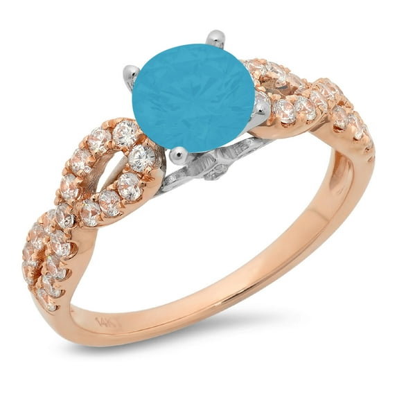 1.42 ct Round Cut Simulated Turquoise Solitaire with Simulated Diamond Accents 14K Rose/White Gold Womens Engagement Ring