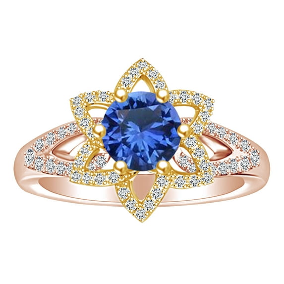 AFFY 1.37 Carat Round Simulated Blue Sapphire & Natural Diamond Flower Engagement Ring 14K Solid Rose Gold Ring Size-6