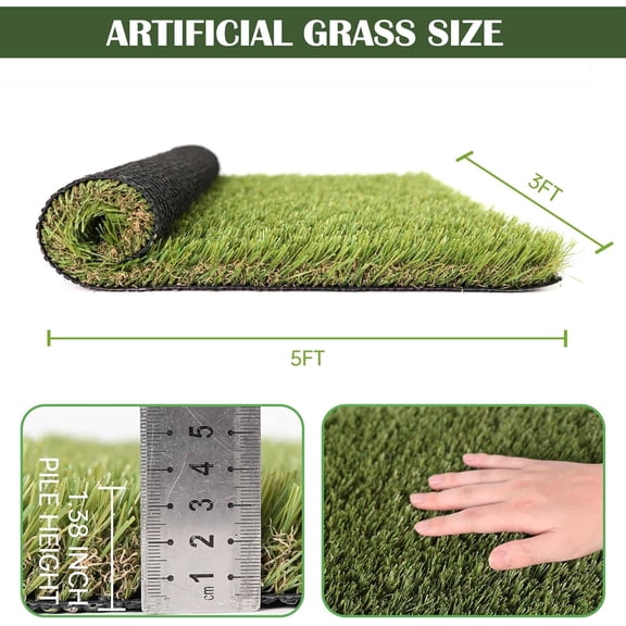1.38" Artificial Grass Turf 3 x 5 FT, Indoor Outdoor Garden Lawn Landscape  Turf Grass Rug, Dog Grass Turf Pads Mat, Thick Fake Faux Turf, Dog Pets Grass Mats for Puppy Training