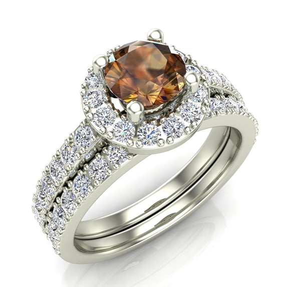 1.38 CT Champagne & White Round Diamond Halo Engagement Ring Set 14K White Gold