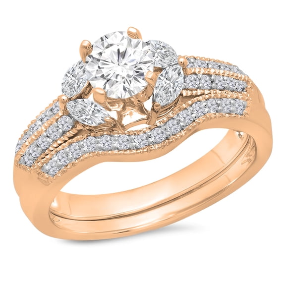 1.38 Carat (Ctw) 10k Rose Gold Round and Marquise White Diamond Engagement Bridal Ring Set (Center Diamond 0.73 CT)