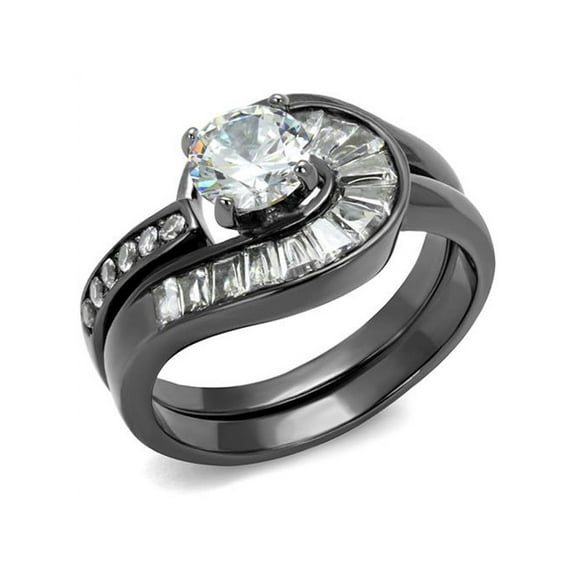 1.38 Ct Round and Bagguete Cz Gray Stainless Steel Wedding Ring Set Womens Size 6