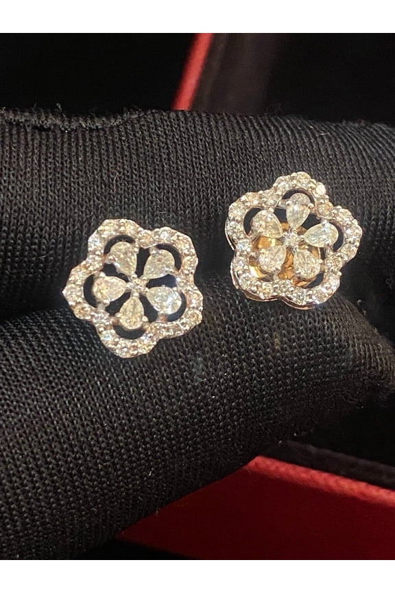 1.38 Cts Pear Round Brilliant Cut Diamonds Halo Floral Stud Earrings In Hallmark 14K Rose Gold