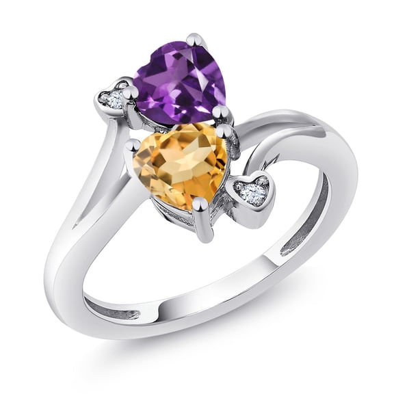 1.38 Cttw Purple Amethyst and Yellow Citrine Ring for Women | 925 Sterling Silver | Heart Shape 6MM | Gemstone Birthstone | Wedding Engagement Anniversary Promise Ring for Women| Size 8