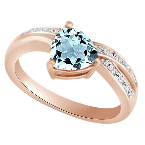 AFFY (1.38 cttw) Simulated Blue Aquamarine & White Natural Diamond Promise Engagement Wedding Ring In 14K Solid Rose Gold With, Ring Size 12.5