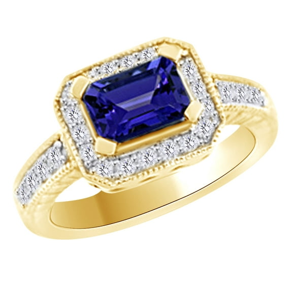 AFFY (1.38ct) Simulated Blue Tanzanite & White Diamond Antique Style Engagement Ring In 14k Solid Gold With Ring Size 9