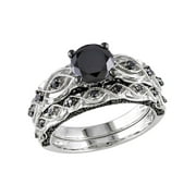 GEM AND HARMONY 1.39 Carat (Ctw) Black Diamond Engagement Ring and Wedding Band Set in 10K White Gold for Women