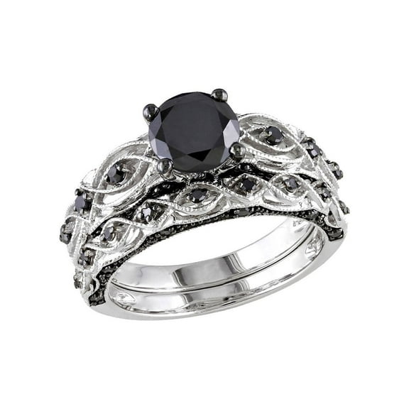 1.39 Carat (Ctw) Black Diamond Engagement Ring and Wedding Band Set in 10K White Gold for Women