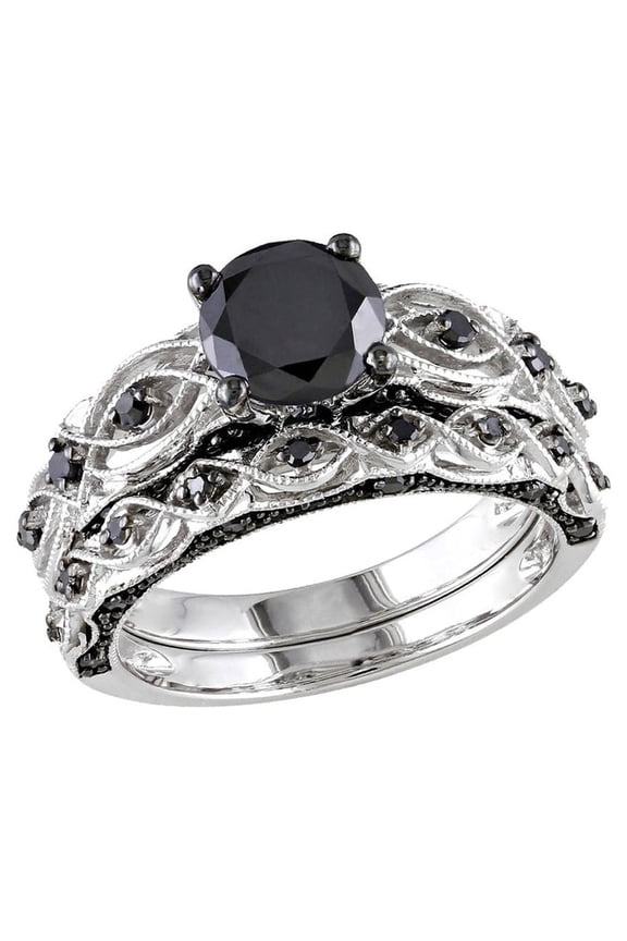 1.39 Carat (Ctw) Black Diamond Engagement Ring and Wedding Band Set in 10K White Gold for Women