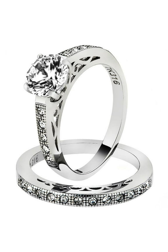 1.39 Ct Round Cut AAA Cz Stainless Steel Wedding Band Ring Set Women's Size 7