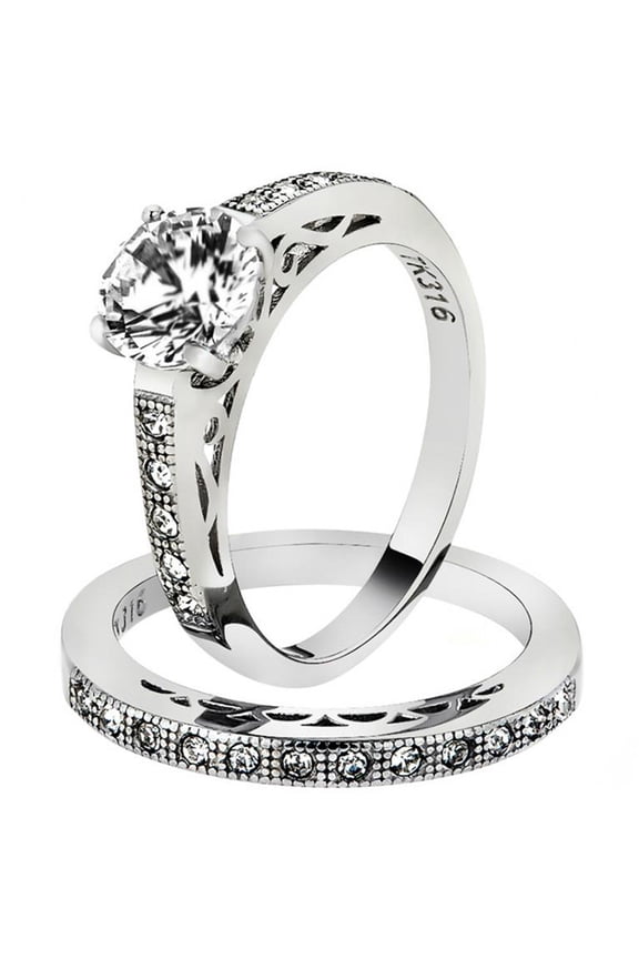 1.39 Ct Round Cut AAA Cz Stainless Steel Wedding Band Ring Set Women's Size 8