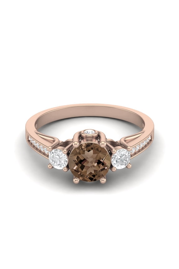 1.39 Ctw Round Smoky Quartz 925 Sterling Silver Rose Vermeil Three Stone Accents Women Valentines Day Gifts Ring