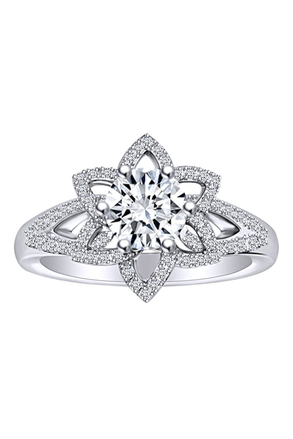 1.39 carat Round Shape Moissanite & Natural Diamond Floral Engagement Ring 14K Solid White Gold Ring Size-5