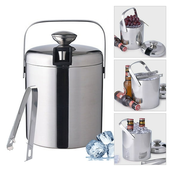 Stainless Steel Double Wall 1.3L Ice Bucket with Tongs Lid