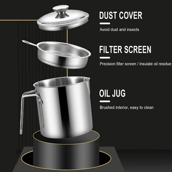 1.3L Stainless Steel Oil Pot with Filter, Large Capacity Oil Storage Container, Leakproof Drip-Free Spout, Rust-Resistant Heavy-Duty Kitchen Oil Dispenser for Frying Oil Recycling & Grease Separation