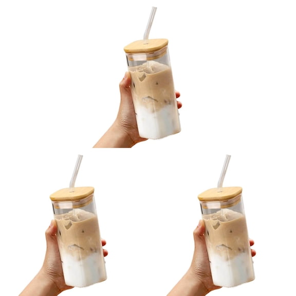 1-3PC Square Glass Cup with Lids and Straws Portable Clear Tumblers 400ml/14oz Heat Resistant Transparent Milk Tea Juice Cups Coffee Mug for Home Bar Drinkware