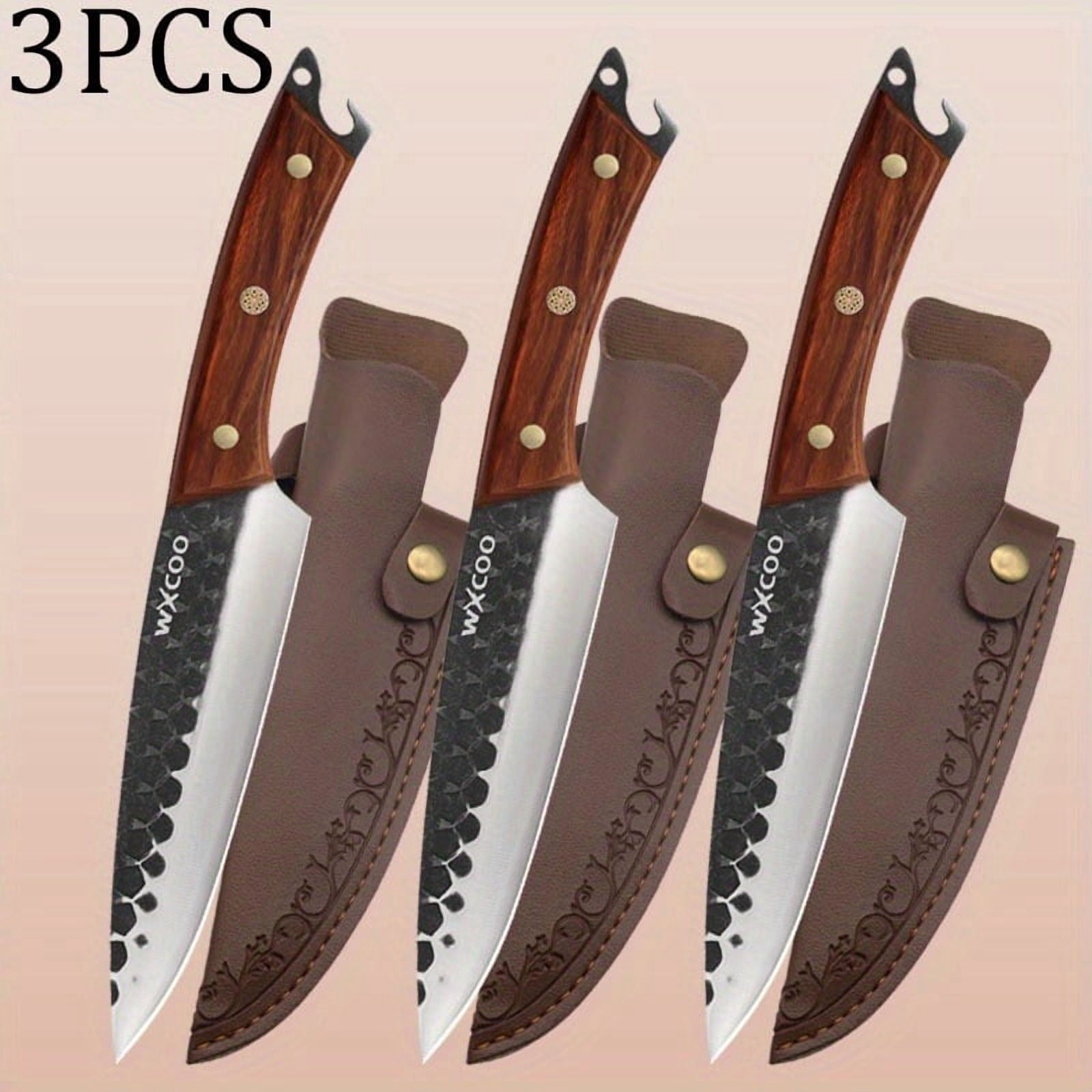1-3PCS High Carbon Steel Boning Knife with Knife Sheath Sharp Kitchen Chef Knife Multipurpose Utility Knife for Cooking Fruit Vegetable Fish Meat Hand Forged Handmade Wood Handle Barbecue Cleaver