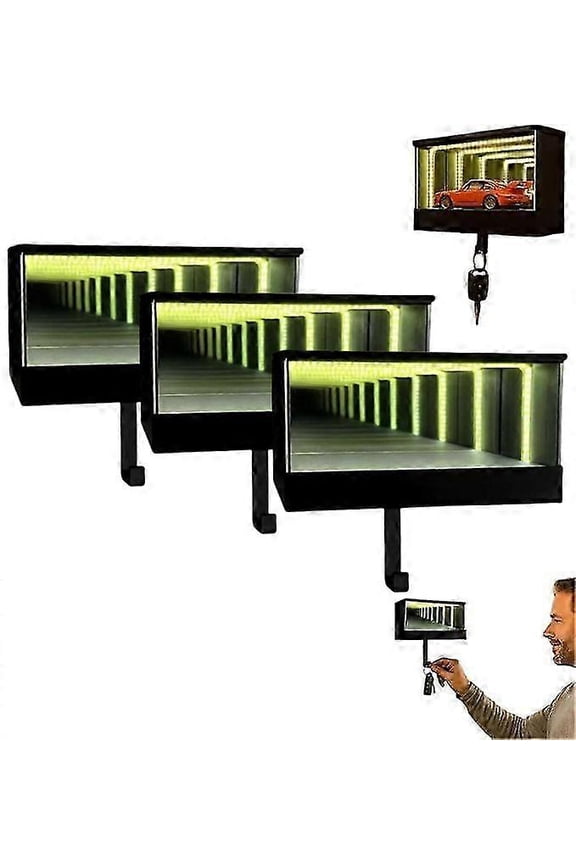 1-3X Infinity Garage Keychain, Wall Mounted Infinity Mirror LED Lamp Display Case Key Holder, Christmas Gifts for Car Enthusiasts & Collectors