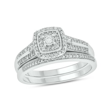 1/3cttw Diamond Square Halo Engagement Ring with Matching Diamond Wedding Band for Women in 925 Sterling Silver, Women's Silver Square Wedding Ring Set with Halo and Diamond Accented Bands