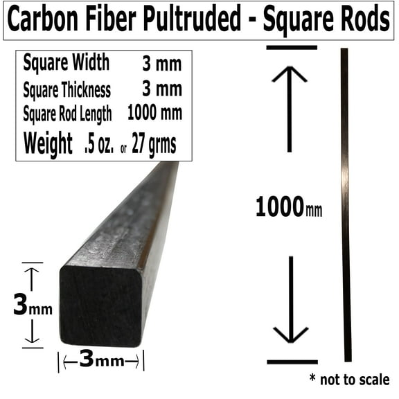 1 3mm X 1000mm - PULTRUDED-Square Carbon Fiber Rod. 100% Pultruded high Strength Carbon Fiber. Used for Drones, Radio Controlled Vehicles. Projects requiring high Strength to Weight Components.