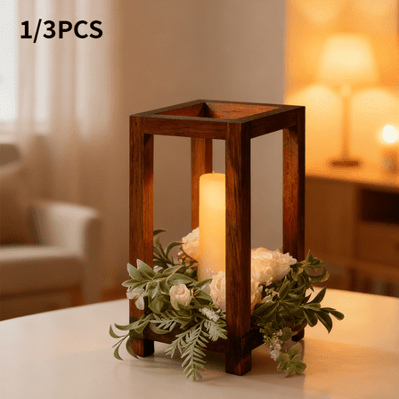 1 or 3pcs Rustic Wooden Lantern Candle Holders Set, Farmhouse Floor Lantern with Detachable Candles, Vintage Wood Decorative Lantern for Wedding Table Centerpiece, Holiday Home Decor Gift