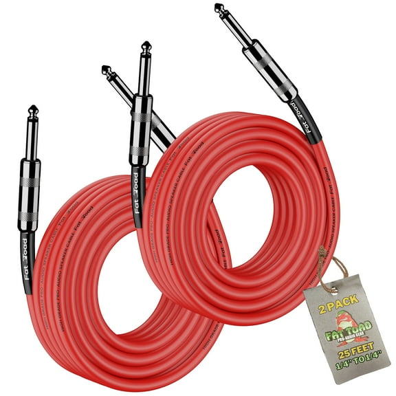 1/4" to 1/4 Male Jack Speaker Cables (2 Pack) by Fat Toad 25ft Professional Pro Audio Red DJ Speakers PA Patch Cords Quarter Inch 12 AWG Gauge Wire for Amp, Music Studio Recording & Stage Gear