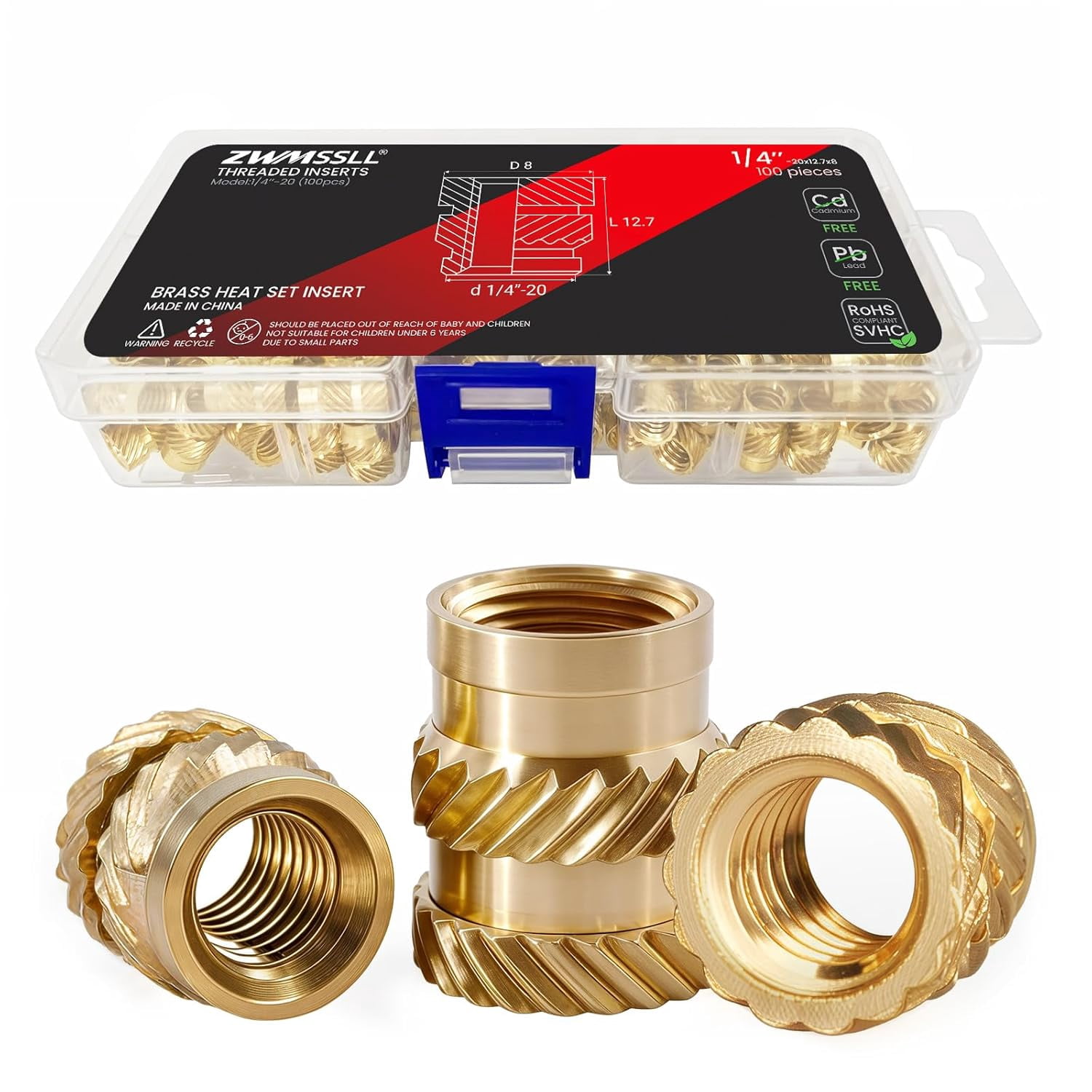 1/4-20 heat set threaded inserts, 100 pieces heat set inserts for 3D printing components and plastic parts, 1/4 2012.78 brass knurled nut set