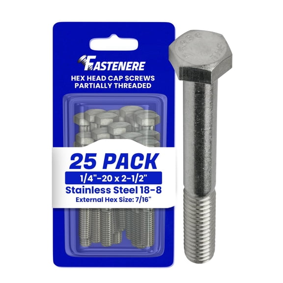 1/4-20 x 2-1/2" Hex Head Cap Screw Bolts, External Hex Drive, Stainless Steel 304, Partially Threaded, Stainless Steel, Quantity 50 By Fastenere
