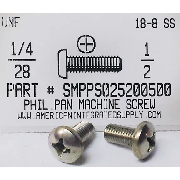 1/4-28X1/2 Pan Head Phillips Machine Screws Stainless Steel (10)
