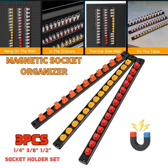 1/4" 3/8" 1/2" Socket Holder Set with 40 Swivel Clips, Heavy-Duty Aluminum Magnetic Socket Rail Organizer for Tool Box Drawers, 3-Piece in Orange, Red & Yellow/Blue