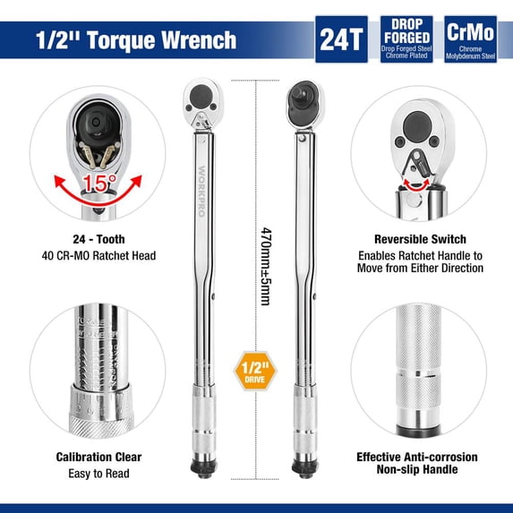1/4'' 3/8'' 1/2'' Square Drive Torque Wrench 5-100 Ft-lb Two-way Precise Ratchet Wrench Repair Spanner Key (one-half Inch)