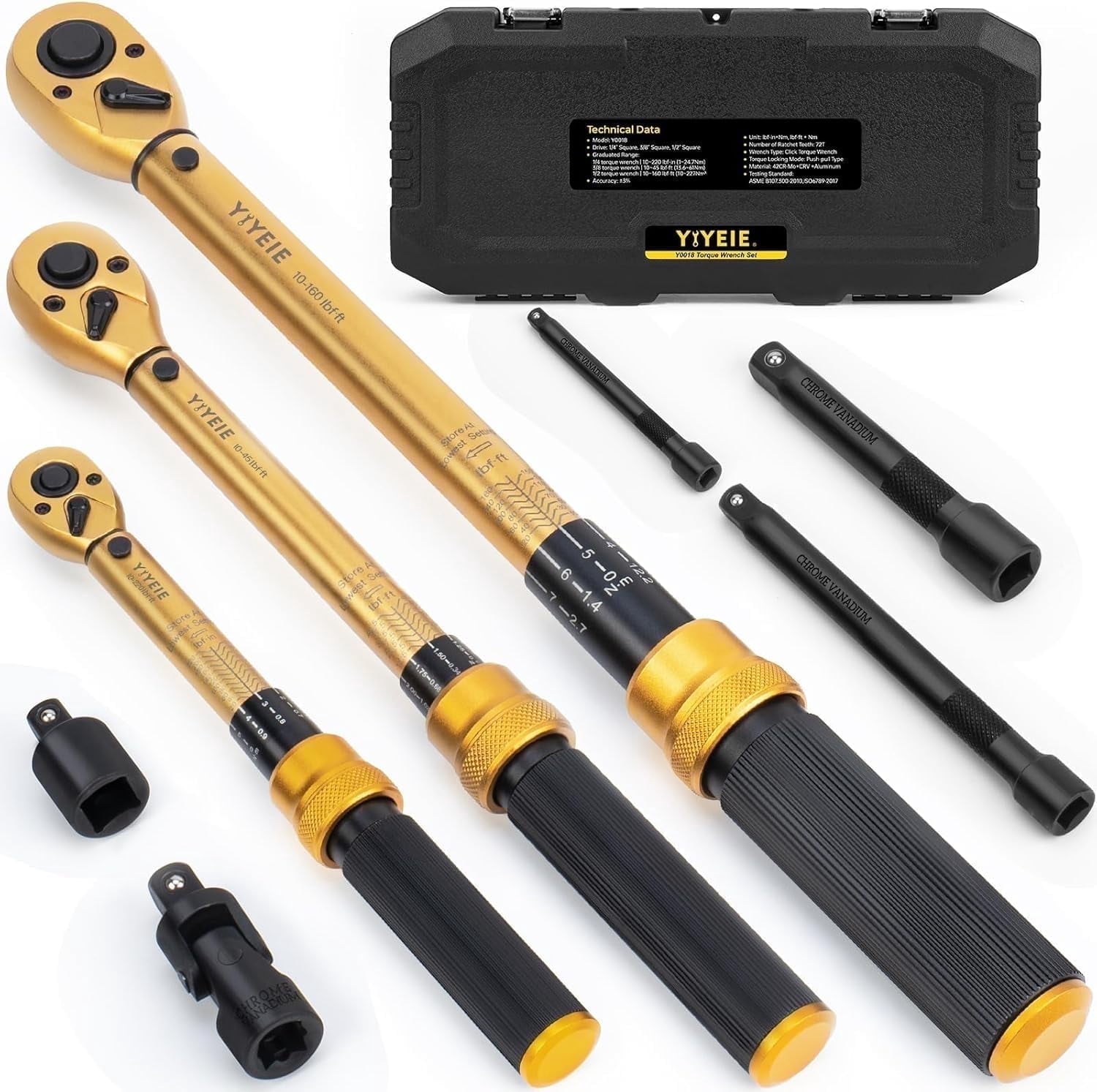 1/4 3/8 1/2-inch Drive Click Torque Wrench, 8Pcs Set 10-220in.lb,10-45ft.lb,10-160ft.lb,3% Accuracy Torque Wrench for Bike, Moto, Car Maintenance