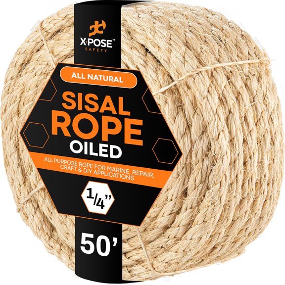 1/4" x 50ft Sisal Rope – Natural Fiber Twisted Sisal, Chemical-Free Rope for Cat Scratching Post Repair, Cat Tree, Crafts, Gardening & DIY Projects