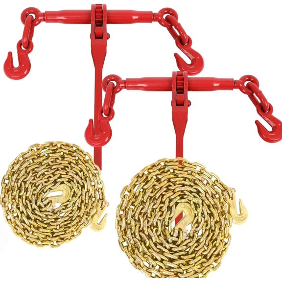 1/4" - 5/16" Ratchet Chain Binder 2600LBS with 1/4" X 12FT Binder Chain 3150LBS,with Grappling Hook,for Tie Down Heavy Loads to a or Flatbed Trailer(2 Set)