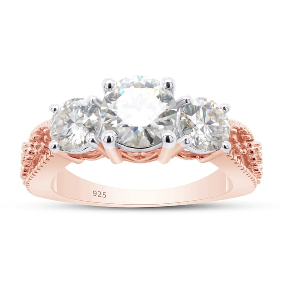 1 4/5 Cttw Round Cut Lab Created Moissanite Diamond 3 Stone Bridal Engagement Ring Jewelry Gift for Women in 14K Rose Gold Over Sterling Silver (G-H Color, VVS1 Clarity, 1.80 Cttw)-6.5