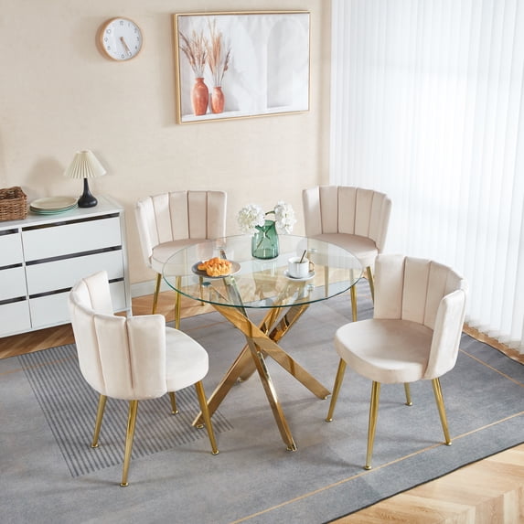 1+4,5pieces dining set, Table metal leg Mid-century Dining Table for 4-6 people With Glass Table Top, Pedestal Dining Table, End Table Leisure Coffee Table