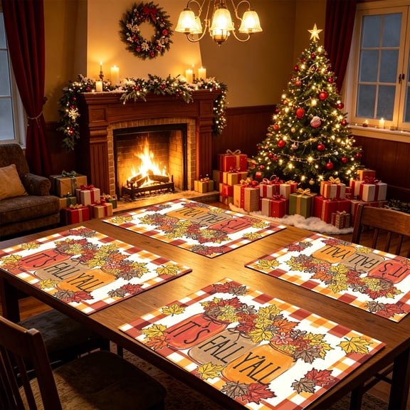 1/4/6PCS Maple Leaf Mason Jar Checkered Floral Table Place Mats 11.8x11.72 inch Fall Thanksgiving Kitchen Decor