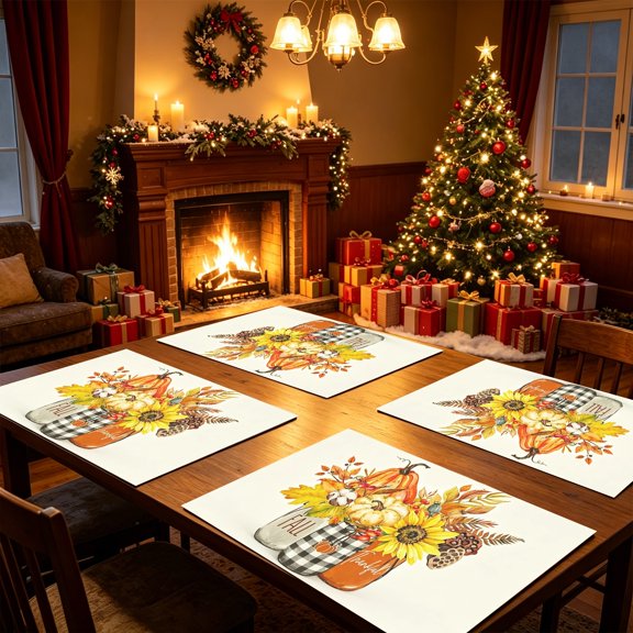 1/4/6PCS Thankful Pumpkin Sunflower Leaf Table Place Mats 11.8x11.72 inch Thanksgiving Family Dinner Tabletop Decor