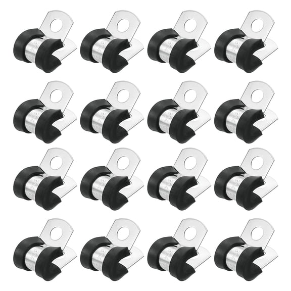 1/4"(6mm) Cable Clamp, 304 Stainless Steel Rubber Cushioned Insulated Clamp R Shape Metal Clamp Tube Holder for Pipe Hose Wire Cord Installation 32Pcs
