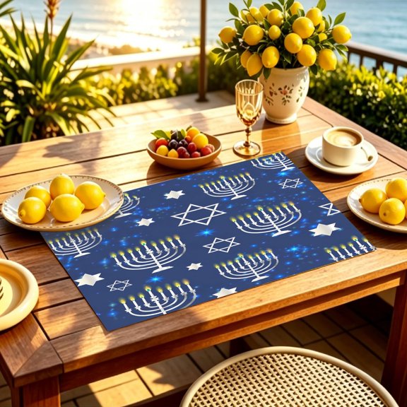 1/4/6pcs Blue Galaxy Star of David Menorah 2D Print Placemat, Indoor Kitchen Patio Holiday Table Mat, Rosh Hashanah Jewish New Year Decor Gift for Jewish Homes