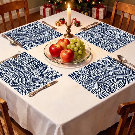 1/4/6pcs Blue White Traditional Polynesian Tattoo Geometric Table Place Mats 11.8x11.72 inch Universal Versatile Daily Table Decor