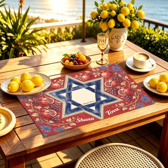 1/4/6pcs Folk Jewish Star Pomegranate 2D Print Placemat, Rosh Hashanah Indoor Kitchen Outdoor Table Mat, Festival Gift for Jewish Friends & Households