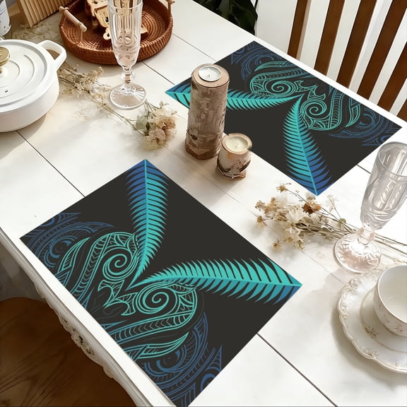 1/4/6pcs Polynesian Tribal Swirl Pattern Gradient Blue Printed Table Place Mats 11.8x11.72 inch Universal Versatile Daily Table Decor