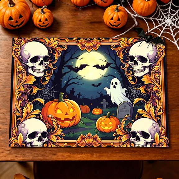 1/4/6pcs Spooky Full Moon Ghost Jack O Lantern 2D Print Placemat, Indoor Outdoor Halloween Gathering Table Mat, Unique Festival Gift for Gothic Aesthetic Fans