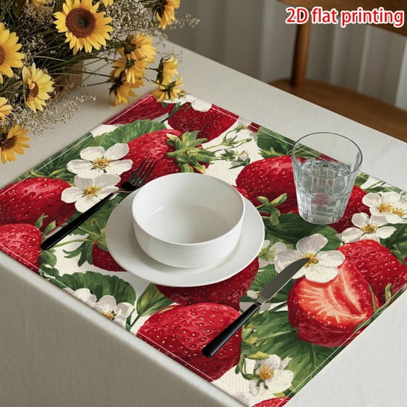 1/4/6pcs Vintage Botanical Strawberry Floral 2D Flat Printed Placemats,12X18 inch,Polyester,Family Dinner Backyard Patio Kitchen Table Decor