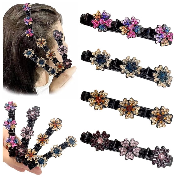 1/4/8PCS Sparkling Crystal Braided Hair Clips For Women, Four-Leaf Clover Chopped Hairpin Duckbill Clip with 3 Small Clips, Non-slip Strong Hold Fashion Hair Accessories Gift