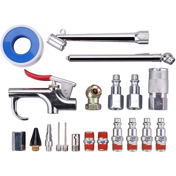1/4 Air Compressor Fittings with Blow Gun Kit, Tire Gauge, Air Chuck, 20PCS