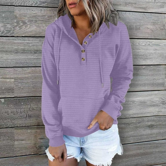 1/4 Button Down Pullover Sweatshirts for Women Waffle-Knit Oversized Long Sleeve Hooded Solid Color Fall Fashion Clothes with Pockets Dressy Casual Blouses Warm Loose Lightweight Jackets