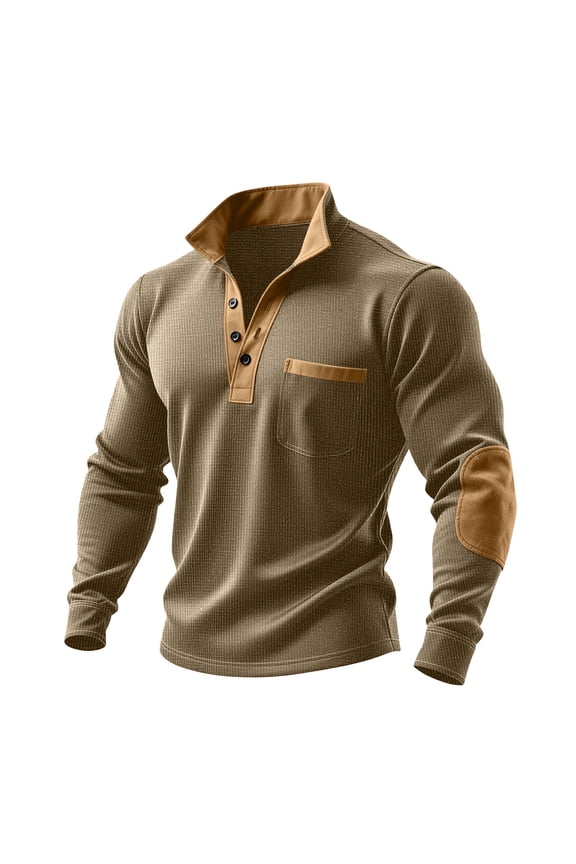 1/4 Button Pullovers for Men Long Sleeve Stand Collar T-shirts Casual Vintage Sweatshirts with Elbow Patches